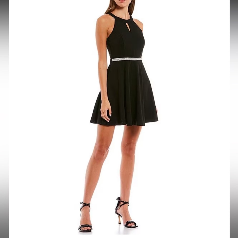 Speechless juniors women black skater circle mini dress with rhinestone cut outs